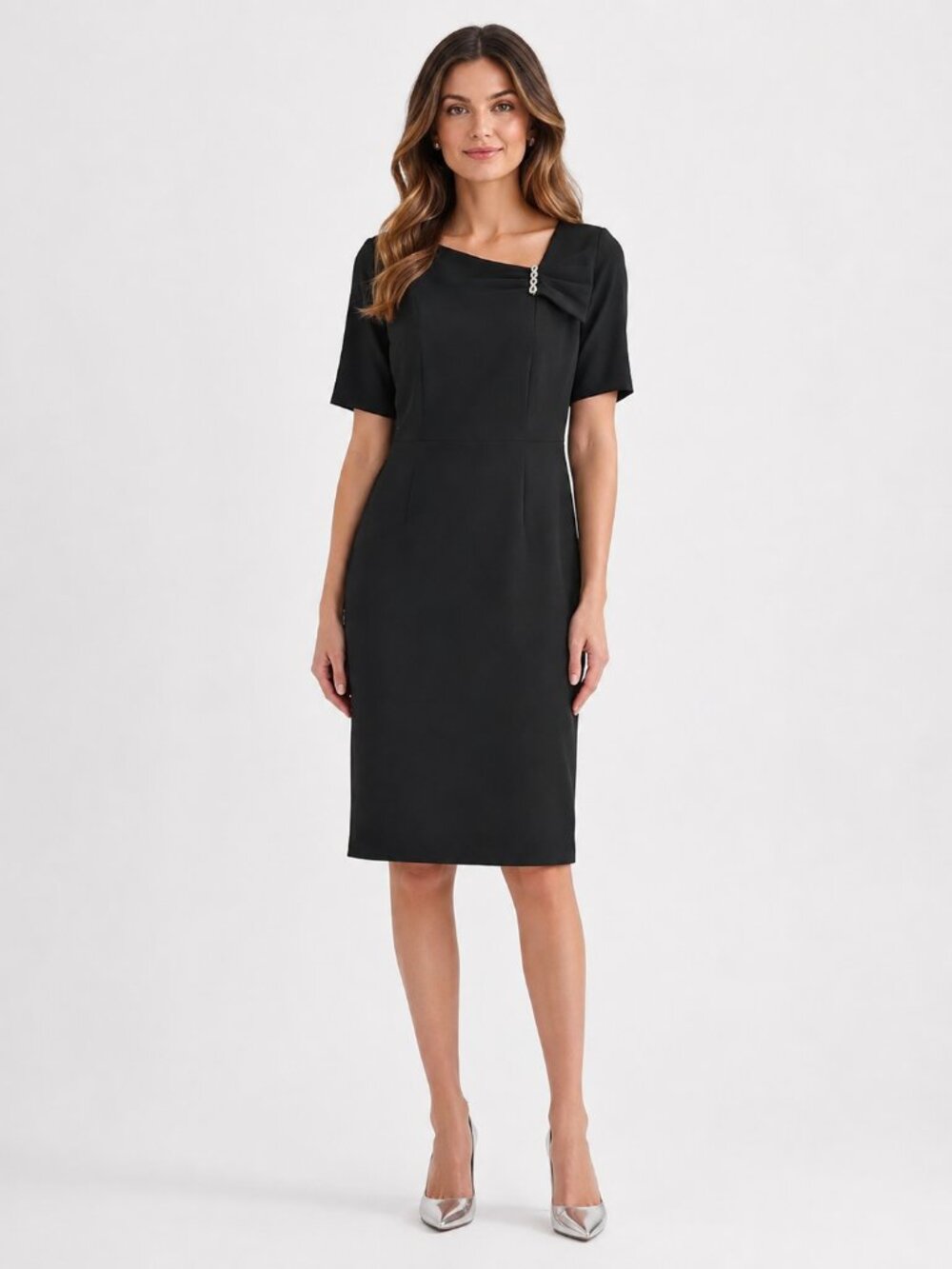 Kasper Stretch Crepe Elbow-Sleeve Embellished Dress